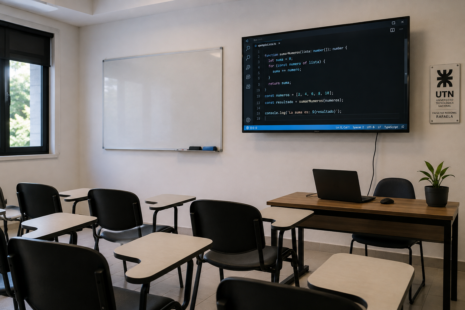 Aula preparada para una clase de programación con notebook y pantalla mostrando código