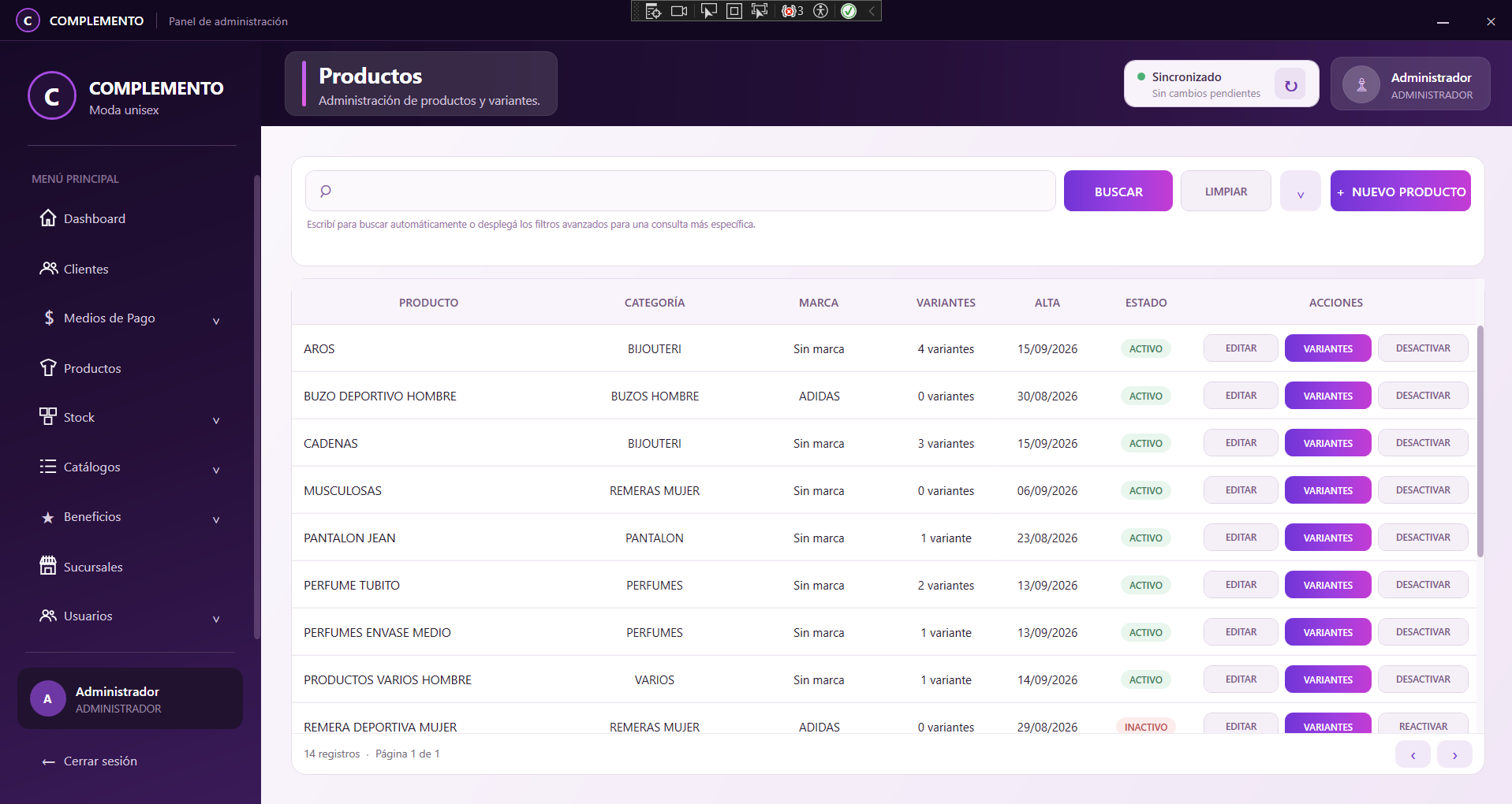Administración de productos de ComercioIntegral
